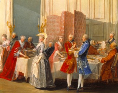 Buffet con invitados junto a una pantalla (detalle) de Michel Barthelemy Ollivier or Olivier