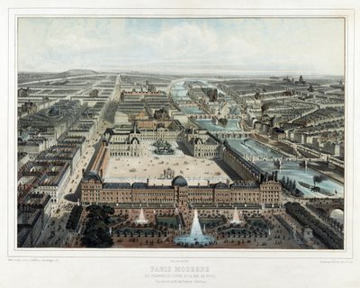 París Moderno - Las Tullerías, el Louvre y la rue de Rivoli, vista tomada del Jardín de las Tullerías (Noroeste), pub. 1850 de Michel Charles Fichot