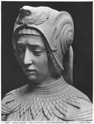 Nantes, Catedral de San Pedro y San Pablo, Tumba de Francisco II, Duque de Bretaña y Margarita de Foix, cabeza de Fortaleza, 1502-07 (detalle) de Michel Colombe