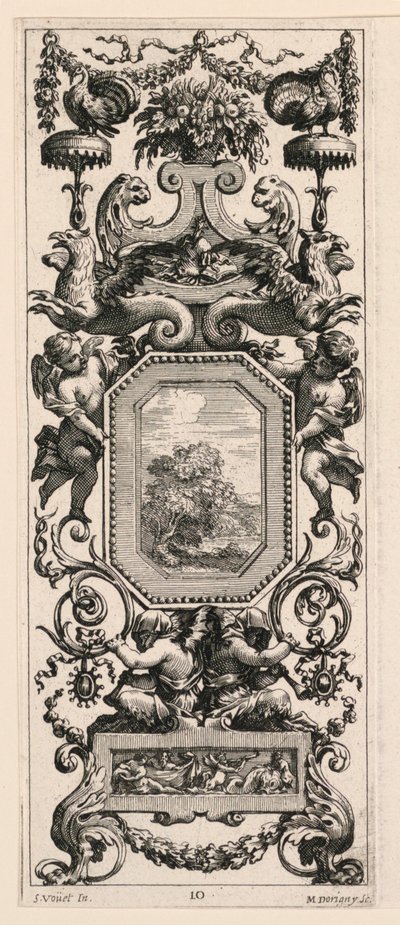 Panel ornamental coronado por una cesta de flores y una guirnalda, lámina 10 del Libro de diversas grotescas pintadas en el gabinete y baños de la Reina Regente, en el Palacio Real de Michel Dorigny