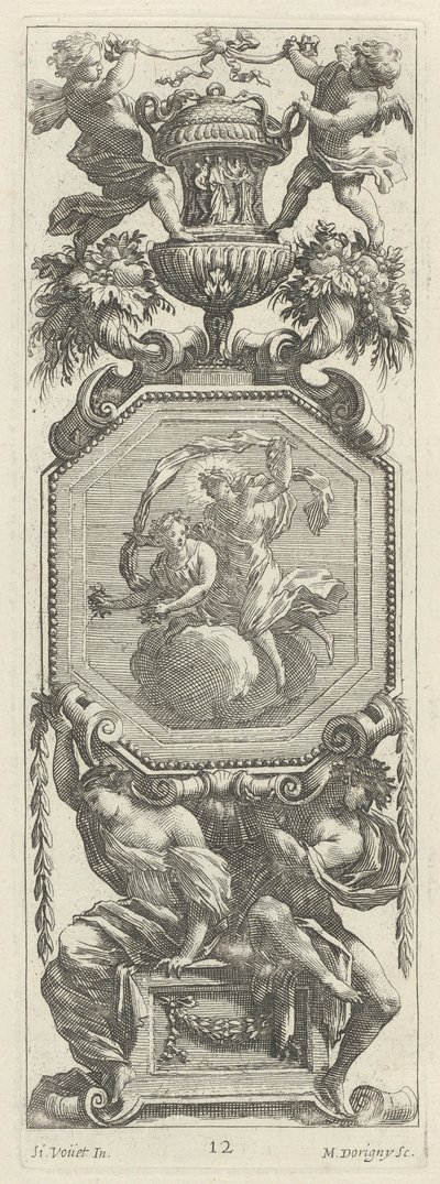 Panel Ornamental Coronado por Dos Putti y un Jarrón de Michel Dorigny, after Simon Vouet