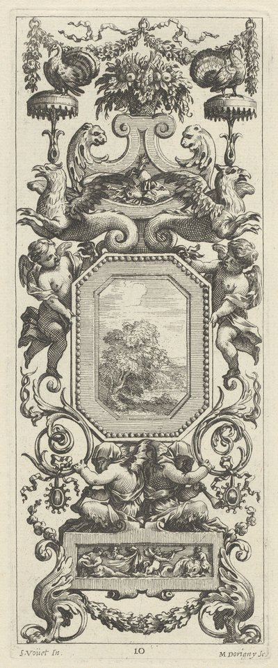 Panel ornamental coronado por una cesta de flores y una guirnalda de Michel Dorigny, after Simon Vouet