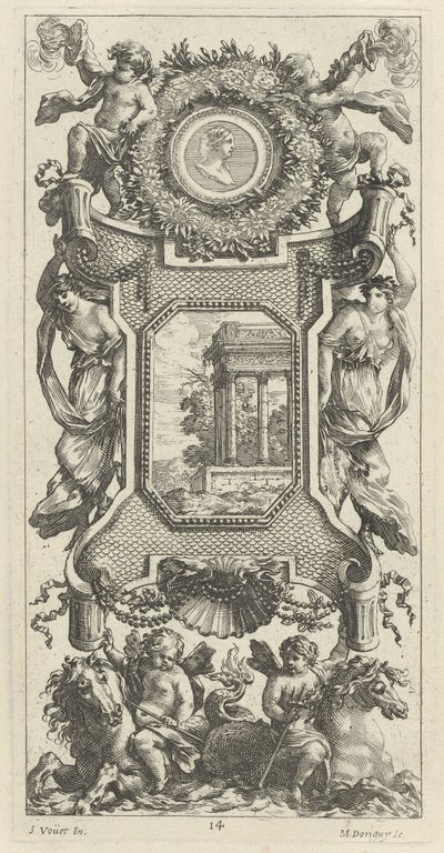 Panel ornamental coronado por un busto de una mujer y dos putti con trompetas flamígeras de Michel Dorigny, after Simon Vouet