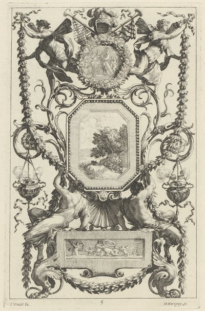 Panel ornamental coronado por un medallón con un sacrificio de Michel Dorigny, after Simon Vouet