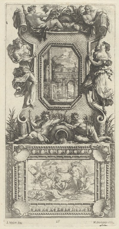 Panel ornamental coronado por una náyade y un dios del río de Michel Dorigny, after Simon Vouet
