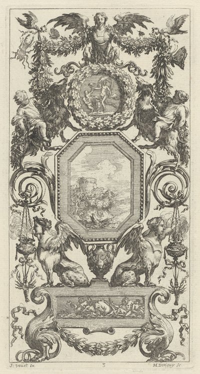 Panel ornamental coronado por una arpía alada de Michel Dorigny, after Simon Vouet