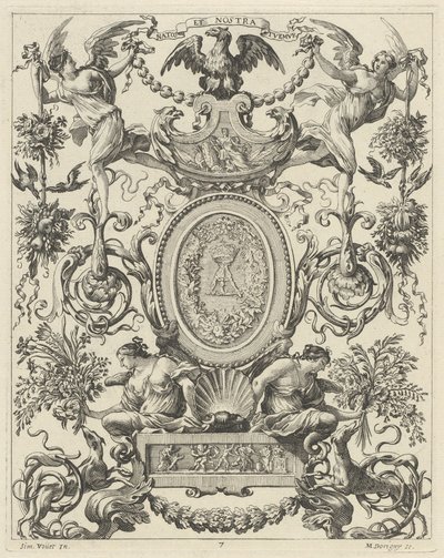 Panel ornamental coronado por un águila y el lema NATOS ET NOSTRA TUEMUR de Michel Dorigny, after Simon Vouet