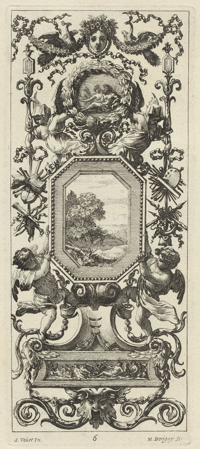 Panel Ornamental Coronado por la Cabeza de una Mujer y Dos Pavos Reales de Michel Dorigny, after Simon Vouet