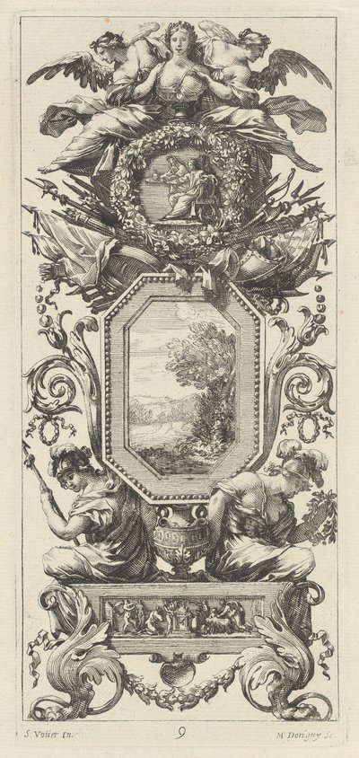 Panel ornamental coronado con dos figuras apoyadas en el busto de una mujer de Michel Dorigny, after Simon Vouet