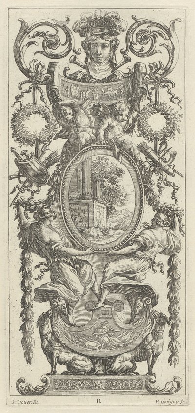 Panel Ornamental Coronado con una Cabeza Flanqueada por Follaje de Michel Dorigny, after Simon Vouet