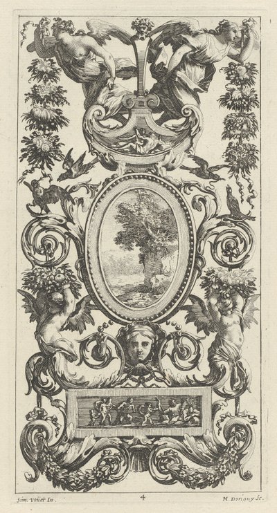 Panel ornamental con Pan y dos mujeres portando guirnaldas de Michel Dorigny, after Simon Vouet