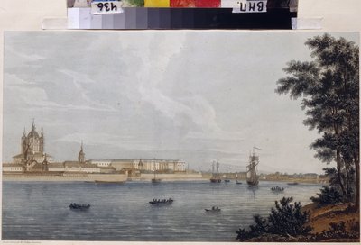 El convento de Smolny en San Petersburgo. Obra de Michel Francois Damam-Demartrait (Damam Demartrait) (1763-1827), grabado y acuarela de Michel Francois Damam Demartrait