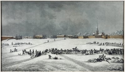 Vue de la forteresse Pierre et Paul (Pedro y Pablo) - Vista de la fortaleza de Pedro y Pablo - Michel Francois Damam-Demartrait (1763-1827). Aguatinta de Michel Francois Damam Demartrait