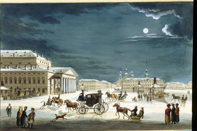El Teatro Imperial Bolshoi Kamenny de San Petersburgo. Obra de Michel Francois Damam Demartrait (1763-1827), grabado coloreado en acuarela, hacia 1800. Arte francés de Michel Francois Damam Demartrait