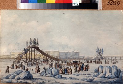Una montaña rusa en el Neva en Shrovetide. Obra de Michel Francois Damam Demartrait (1763-1827). Acuarela y tinta sobre papel, alrededor de 1810, 33 x 54 cm, arte francés, clasicismo. A.Pushkin Memorial M de Michel Francois Damam Demartrait