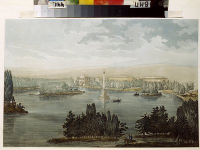 Vista de Tsarkoye Selo. Vista de Tsarkoye Selo. La columna Chesme. Obra de Michel Francois Damam Damartrait (1763-1827), grabado coloreado con acuarela de Michel Francois Damam Demartrait