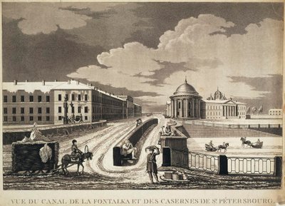 Vista del Puente Izmailovsky y los Cuarteles a través del río Fontanka, finales del siglo XVIII de Michel François Damame Demartrais