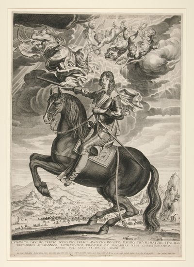 Retrato ecuestre de Luis XIII (Borbón) (1601-1603) a la edad de 33 años. El paisaje es posterior a Callot de Michel Lasne