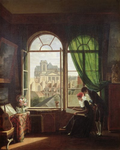 Vista de la iglesia de Saint-Eustache desde una casa en la Rue Platriere o, El interior del artista, c.1810 de Michel Martin Drolling