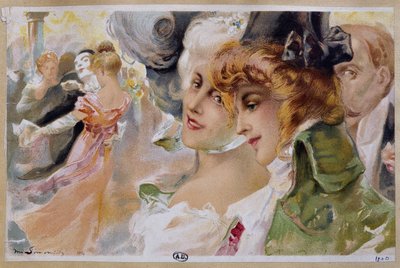 Mujeres en un baile de máscaras - cromo. por Simonidy de Michel Simonidy