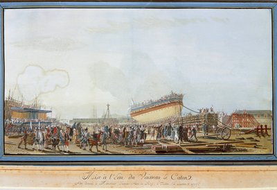 El lanzamiento del barco Le Caton en el puerto de Toulon en presencia del Conde de Provenza en julio de 1777 (gouache) de Michel de Toulon