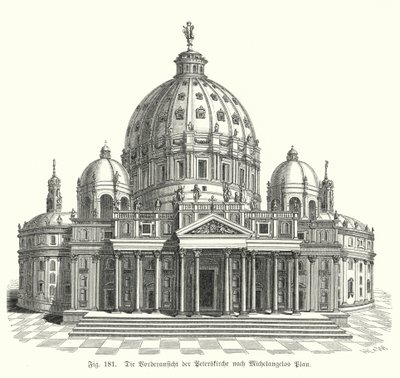 Vista del diseño de Miguel Ángel para la fachada de la Basílica de San Pedro, Roma, Italia de Michelangelo (after) Buonarroti