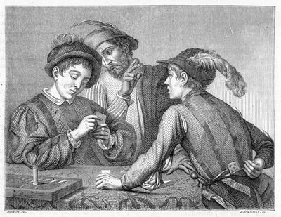 Los tramposos. Grabado del siglo XIX que representa la obra de Caravaggio (il Caravaggio) alrededor de 1596. de Michelangelo (after) Caravaggio