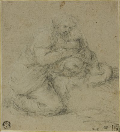 Madre arrodillada abrazando a su hijo de Michelangelo Anselmi