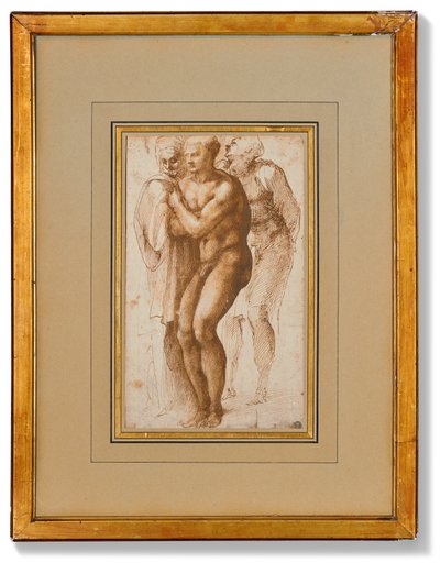 Un hombre desnudo (según Masaccio) y dos figuras detrás de él (pluma y dos tonos de tinta marrón, aguada marrón, filigrana) de Michelangelo Buonarroti