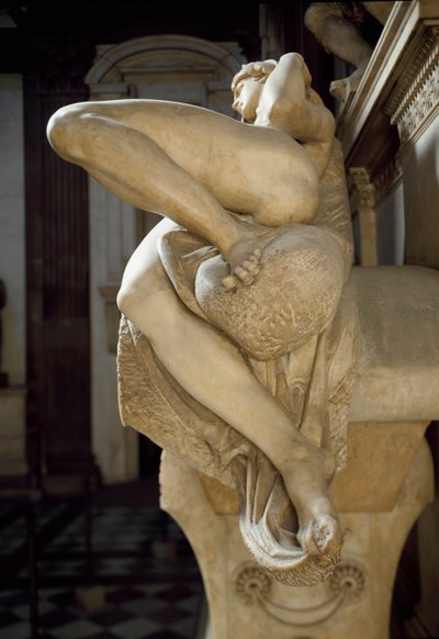Alegoría de la Aurora. Tumba de Lorenzo II de Médici. Escultura de mármol 1531 de Michelangelo Buonarroti
