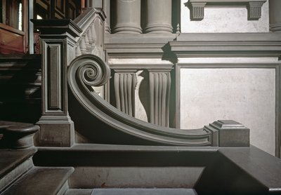 Vestíbulo, detalle de la escalera diseñada por Miguel Ángel y completada por Bartolomeo Ammannati de Michelangelo Buonarroti