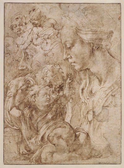 "Estudio para la Sagrada Familia con San Juan Bautista niño" Dibujo de Michelangelo Buonarroti (1475-1564) - 1505 - Pluma, pincel, tinta india sobre papel Dim 28,7x20,9 cm Staatliche Museen, Berlín de Michelangelo Buonarroti