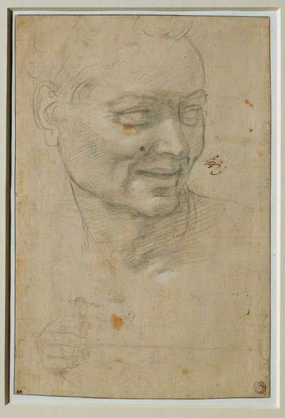 Cabeza y mano derecha del Ignudo arriba y a la izquierda de Isaías de Michelangelo Buonarroti