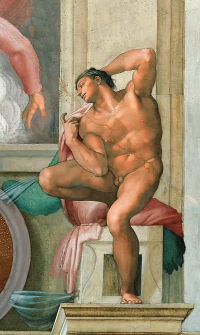 Ignudo, techo de la Capilla Sixtina en el Vaticano, 1508-1512 de Michelangelo Buonarroti