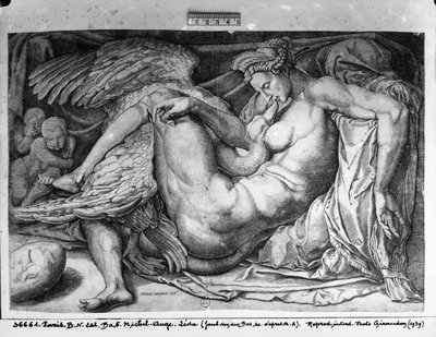 Leda, grabado por Jacobus Bos, Boss o Bossius de Michelangelo Buonarroti