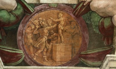Medallón que representa la destrucción de la estatua del dios Baal..., 1508-1512 de Michelangelo Buonarroti