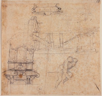 Estudios varios, para un San Juan Bautista, para una tumba y bocetos arquitectónicos de Michelangelo Buonarroti