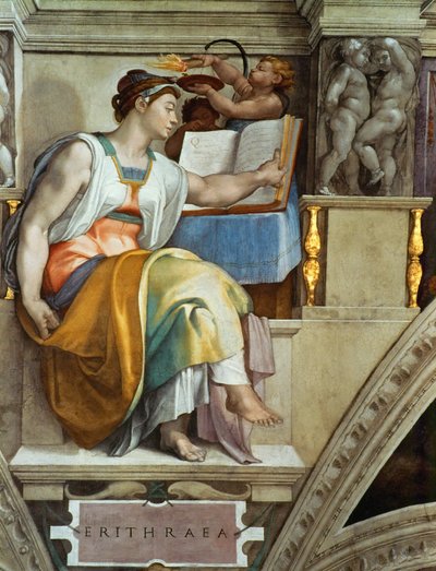 Profetas y Sibilas: Sibila Eritrea Techo de la Capilla Sixtina en el Vaticano, 1508-1512 de Michelangelo Buonarroti