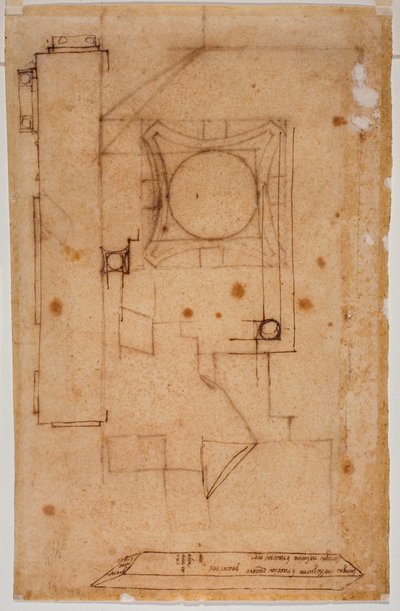 Sección de capitel, plano de fachada y croquis con anotaciones autógrafas de medidas de Michelangelo Buonarroti