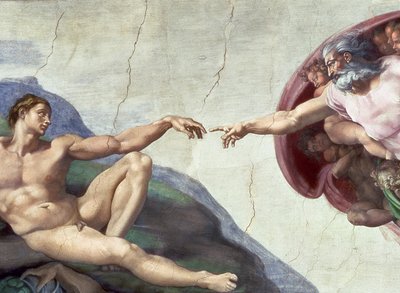 Techo de la Capilla Sixtina: Creación de Adán, (detalle) de los brazos extendidos, 1510 (post restauración) de Michelangelo Buonarroti