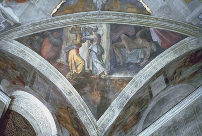 Techo de la Capilla Sixtina: Judit llevando la cabeza de Holofernes (esfuerzo) (pre restauración) de Michelangelo Buonarroti