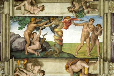 Techo de la Capilla Sixtina: La Caída del Hombre y la Expulsión del Jardín del Edén, con cuatro Ignudi de Michelangelo Buonarroti