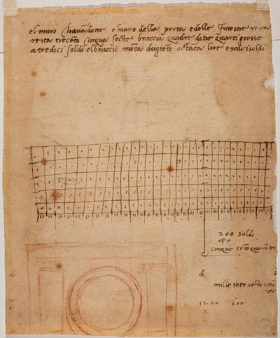 Boceto para una ventana, anotaciones autógrafas y cálculo gráfico de Michelangelo Buonarroti