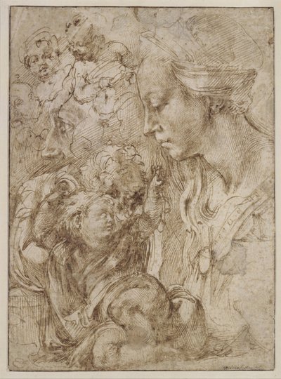 Estudios para una Sagrada Familia con Juan el Bautista niño, 1505 de Michelangelo Buonarroti