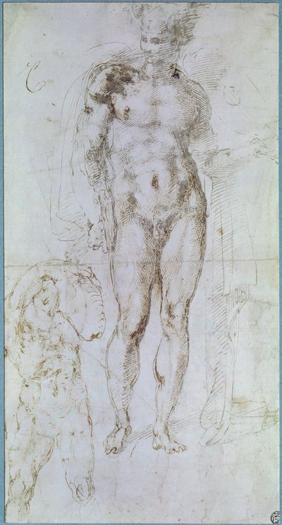 Estudio para Apolo (anteriormente Mercurio) desnudo con una capa sobre los hombros y la figura de un hombre cargando un fardo de Michelangelo Buonarroti