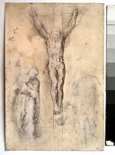 Estudio para una crucifixión (representación de Cristo en la cruz con la Virgen y San Juan) de Michelangelo Buonarroti