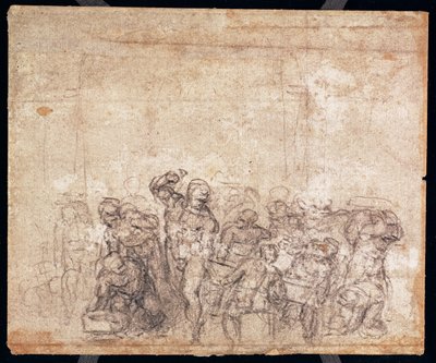 Estudio de figuras para una escena narrativa (tiza negra sobre papel) (verso) de Michelangelo Buonarroti