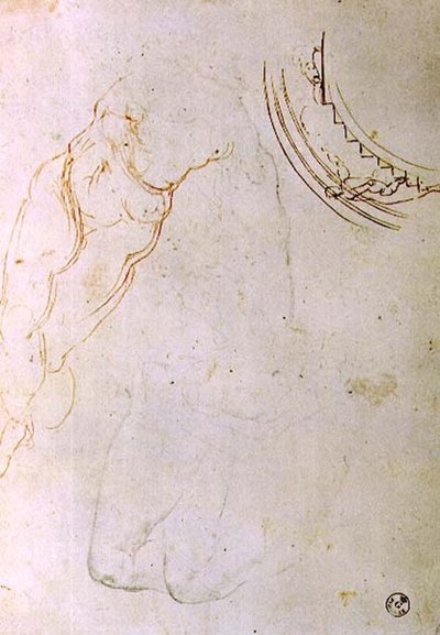 Estudio de una figura tendida con piernas cruzadas y un diseño para una luneta mostrando una figura subiendo una escalera de Michelangelo Buonarroti