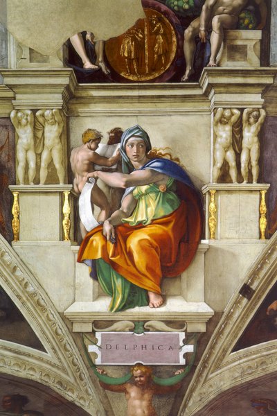 La Sibila Délfica en el techo de la Capilla Sixtina en el Vaticano, 1508-1512 de Michelangelo Buonarroti