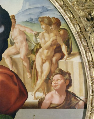 La Sagrada Familia con San Juan (Doni Tondo) mostrando figuras desnudas en el fondo de Michelangelo Buonarroti